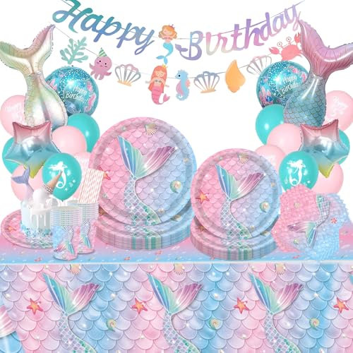 INSANYJ Mermaid Party Decoration Set, Mermaid Party Tableware Set, Party Paper Plates and Napkins with Cups, Tablecloth, Balloons and Banner for Girls’ Mermaid Theme Birthday Party Decoration