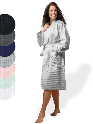 SIEGENTHAL® Damen Bademantel Waffelpique 100% Baumwolle mit Schalkragen Leicht Morgenmantel - Hellgrau S - M