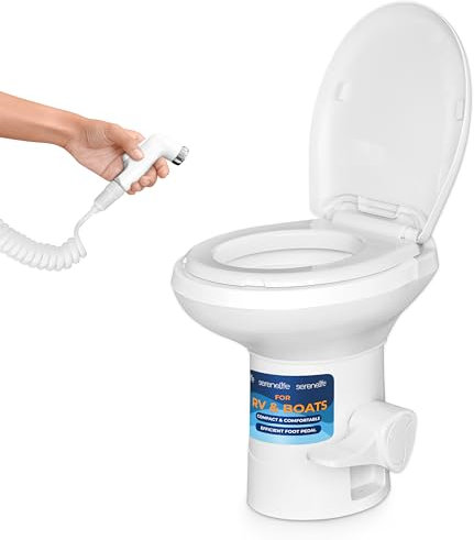 SereneLife Tragbare Wohnmobil-Toilette mit Handsprüher & Bidet - Standardhöhe, Fußpedalspülung, auslaufsicher, geruchlos, sanft schließender Deckel, einfache Installation, wassersparend, ideal für
