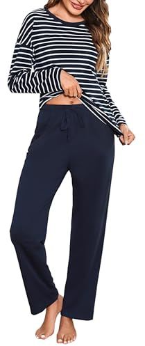 Bresdk Schlafanzug Damen Lang Winter Baumwolle Gestreift Pyjama Set | Rundhals Oberteil, weiches Tragegefühl, für kühle Nächte und entspannte Stunden zuhause
