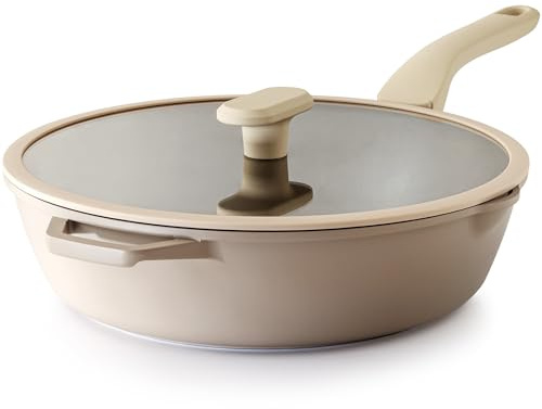 PRICUSIS Antihaftbeschichtete tiefe Bratpfanne mit Glasdeckel, 30,5 cm, 5 x langlebige Antihaft-Schmorpfanne, kratz- und schmutzabweisend, PFOA-frei, induktionsgeeignet, spülmaschinen- und ofenfest