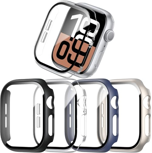 JZK 4-Stück Schutzhülle für Apple Watch Series 10 42mm 2024, Hart PC Ultradünne Gehäuse Hülle Eingebaut Kratzfest Gehärtetes Glas Schutzfolie für iWatch 10 42mm