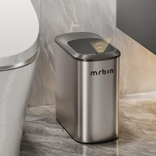MRBIN Stainless Steel Motion Sensor Bathroom Bin, 10L / 2.6gal Slim Garbage Can with Lid Smart Trash Can, Automatic Garbage Bin Touchless for Restroom, Vanity, Rv, Eclipse Grey