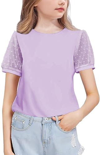 Arshiner Ragazza T-Shirts Maniche in Chiffon Estate Bambini Manica Corta Tempo Libero Elegante Moda Maniche a Pois Svizzeri Maglietta Collo Rotondo Basic T-Shirt per Ragazze 12-13 Anni Viola
