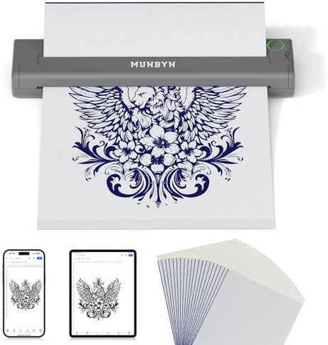 MUNBYN Tattoo Drucker Bluetooth, Stencil Drucker, Tattoo Printer Thermodrucker mit 20 Blatt A4 Transferpapier, Kompatibel mit Android iOS macOS Windows, ITP05, Grau