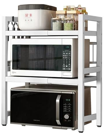 3-Tier Expandable Microwave Oven Rack, Height Adjustable Carbon Steel Expandable Microwave Shelf Stand with 6 Hooks, Kitchen Shelf Organizer for Pots Pans Rice Cooker Toaster (White, 3-Tiers)