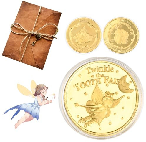 Dewocke Pièce de Fée des Dents, 2 Pièces Scintillante Pièce en Or Commémorative, Inclut Enveloppe de Papier de Cuir et Papier à Lettres, Idéal Cadeaux de Croissance des Dents pour Enfants