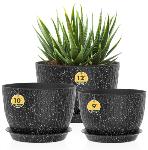 3 Pack Plastic Plant Pots,30/25/23CM,Large Plant Pots Indoor Flower Pots with Drainage Holes Saucer and Reservoir for All House Plants(Black with White Speckles)