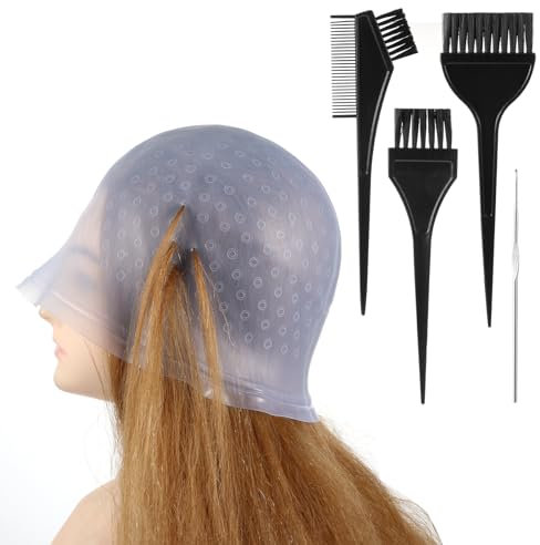 Jeffdad Professional Silicone Highlight Cap, Reusable Hair Coloring Highlighting Cap with 3 Brushes and 1 Needle for Color Hair Salon Hairdressing Women Men(Blue)