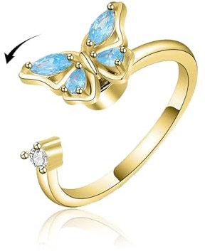 VYYU Fidget Ring for Women Girls - Anxiety Relief Stress Adjustable Open Rings with Beautiful Blue Butterfly | Reliever Spinner Stress Relief Gift for Daughter Granddaughter Niece Little Sister, Gold