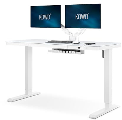 kowo Glass Electric Standing Desk with Drawers & USB C Hub 140 X 60cm, Height Adjustable Desk, Sit Stand Stand Up Computer Desk For Home Office