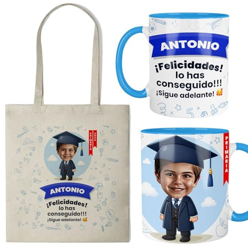 Kembilove® Taza y Bolsa Personalizadas Graduación Infantil | Regalo Fin de Curso Niño | Diseño Caricatura con Nombre | Detalle Original para Primaria o Infantil | Pack Personalizado con Foto