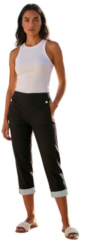 Roman Cropped Stretch Trouser for Women UK - Ladies Capri Pants Summer Leggings 3/4 Three Quarter Pedal Pusher Elasticated Waist Cut Off Contrast Detail Pull On Work - Stripe Black - Size 12