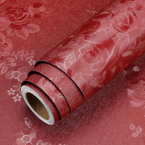 LaCheery Selbstklebende Tapete Rot mit Floral Rosen Strukturtapete Vintage 40cm x 200cm Wandtapete Selbstklebend Wohnzimmer Vinyl Wand Tapeten Blumen Klebefolie Möbel Struktur für Schrank Schlafzimmer