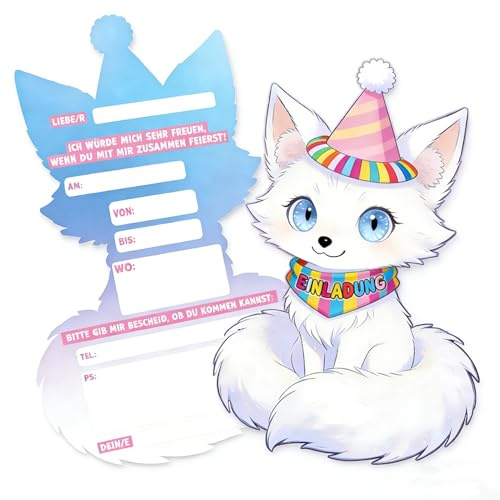 DuoLiAnLiang Kindergeburtstag Einladungskarten mit Polarfuchs – 15 Stück niedliche Tierkarten für Kinderparty, Geburtstagsfeier & besondere Momente