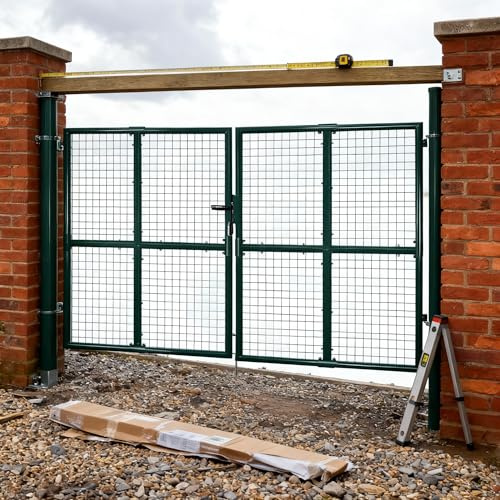 Porte d'entrée latérale en acier thermolaqué, portail à double fil avec système de verrouillage, clôture de jardin 300 x 200 cm pour jardin, cour et terrasse, couleur : vert