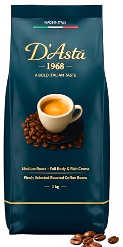 D'Asta 1968 Italian Coffee Beans 1kg, Fresh Espresso Beans, Medium Roast | Arabica and Robusta blend, freshly roasted in Italy. Strong creamy crema for espresso machines, bean to cup and moka