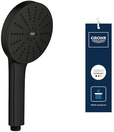 GROHE Vitalio Joy+ 120, wassersparender Duschkopf mit Boost-Funktion für mehr Strahlpower, 8l pro Min (Handbrause mit 3 Strahlarten inkl. AquaBooster, Universalanschluss), mattschwarz, 1348642430