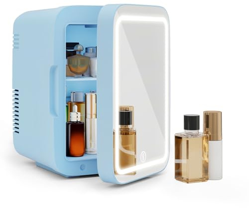 YU YUSING Frigorifero Piccolo da 4L con Specchio LED, Mini Frigo, Azzurro | Mini Frigo da Camera da Letto con Raffreddamento/Riscaldamento, Frigo Portatile 12 V/220 V, Ufficio, Auto, Campeggio, Azzurro