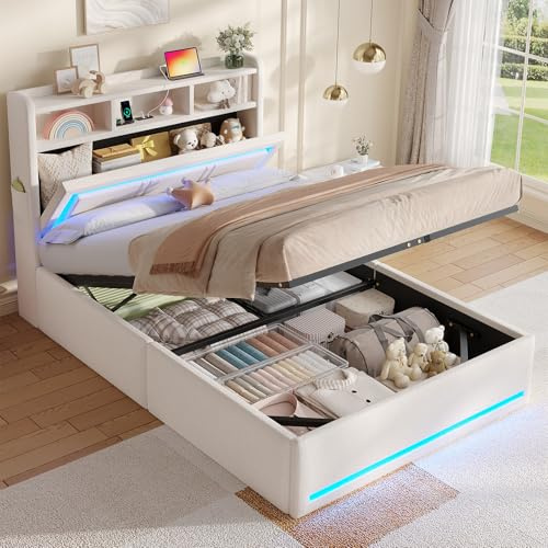 AOGLLATI polsterbett 90x200 Beige mit LED Beleuchtung,USB & Hydrauliksystem
