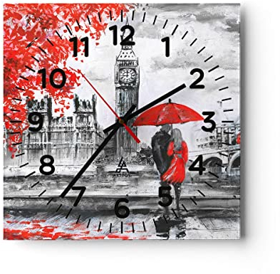 Modern Wanduhr London Architektur Big Ben 30x30cm Quadrat Klein Wand Uhr Glas Analog Zimmeruhren Küche Büro Wohnzimmer Glasuhr Wall Clock Dekoration Design Wanddekoration Küchenuhr C4AC30x30-3153