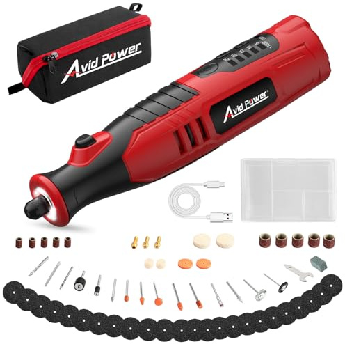 Avid Power 8V Li-Ion Cordless Rotary Tool With 5-Speed, 4 Front Led Lights And 60Pcs Accessories Kit For Carving, Engraving And Cutting, Mw324 8V Rotary Tool Kit Red & Black