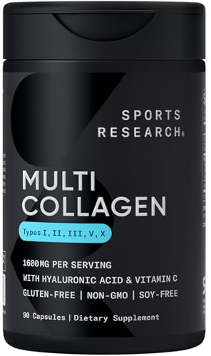 Sports Research® Multi Collagen Pills for Women & Men - Collagen Peptides (Type I, II, III, V, X) Enhanced with Hyaluronic Acid & Vitamin C - Gluten Free ­· Non-GMO - 90 Capsules