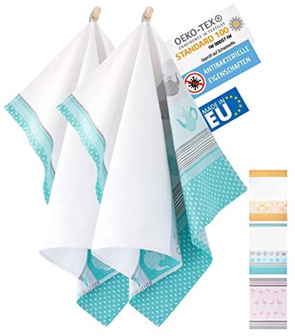 ZWOLTEX Antimikrobiale Jacquard Geschirrtücher aus Ägyptischer Baumwolle und Bambus I Made IN EU I Oeko-TEX 100 I Gewebte Küchentücher - 2X Geschirrhandtücher mit Motiv Teekanne Mint-Türkis