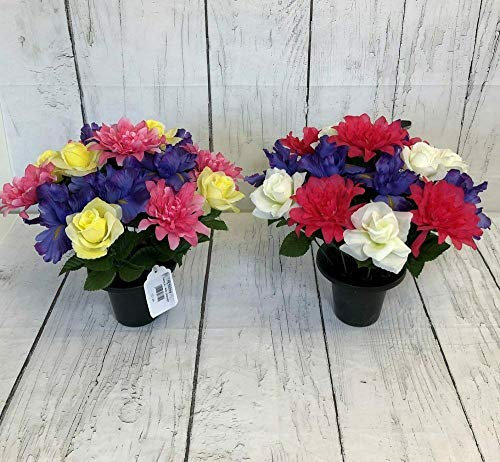 Artificial Flower Arrangement in Crem Pot/Vase 30CM (PAIR, ONE OF EACH POT) (Iris Dahlia)
