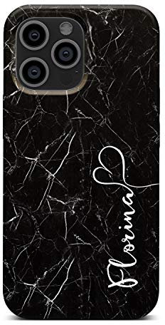 iCaseDesigner Personalised Marble Glitter Flowing Name with Heart Phone Case for Apple iPhone 11-19. Black and White Marble Vertical Name