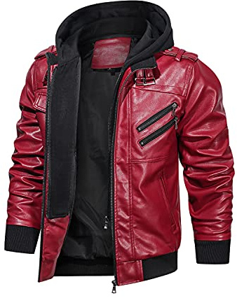 HOOD CREW Giacca da uomo casual con colletto in finta pelle con cerniera e cappuccio rimovibile, Rosso, XXX-Large