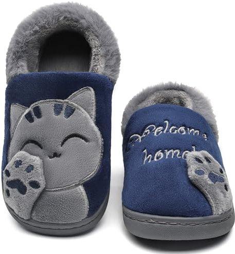 Vunavueya Mujer Zapatillas de Estar por Casa Hombre Zapatos Pantuflas Casa Invierno Interior Caliente Peluche Forradas Slippers Azul Forro 43/44 EU=44-45CN