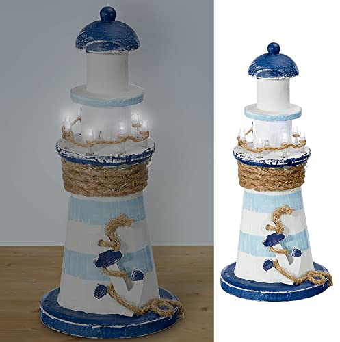 Cepewa Deko LED Leuchtturm │ Holz Seil Anker H22cm batteriebetrieben │weiß blau natur maritime Dekoration │ Leuchtfeuer Richtfeuer (1 x LED Leuchtturm H22cm)