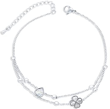Qings Liebes Herz Fußkettchen Sommer Strand Geschichteter Fuß Ketten Schmuck für Frauen Mädchen - 4-Blättriges Kleeblatt Fußkettchen mit Doppelkette Vergoldet