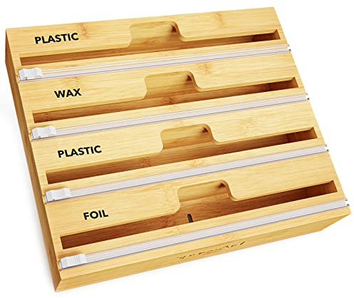 SpaceAid WrapNeat 4-in-1 Wrap Organizer mit Cutter und Etiketten, Kunststofffolie, Aluminiumfolie und Wachs-Bambusspender für Küchenaufbewahrung, Halter für 30.5 cm Rolle (natürlich, 4 Schlitze)