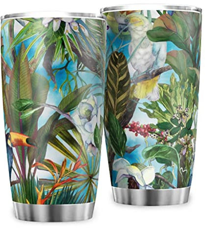 Reisebecher Kaffeebecher Tropische Waldpflanzen Vögel Papagei Tukan Thermobecher Edelstahl Rostfrei Doppelwandige Vakuum Becher Tassen mit Spritzfestem Deckel Trinkbecher Travel Multicolor 600ml