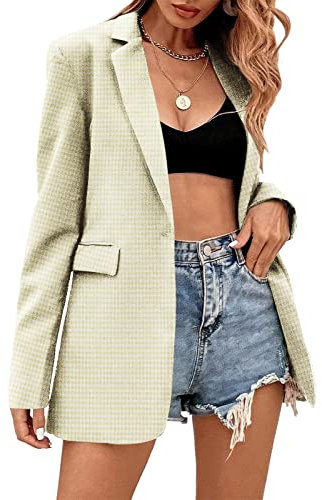 Febriajuce Blazer décontracté à manches longues et revers surdimensionné pour femme, Z2-Beige pied-de-poule, Large