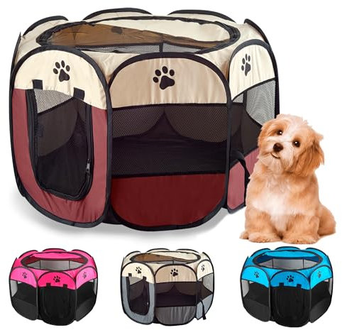 JUPPLIES Parque para Perros Plegable 73x73x43 cm – Corralito Portátil de Tela Oxford Impermeable para Mascotas Pequeñas - Ideal para Viajes, Juegos o Descanso en Casa y Exterior – Marrón