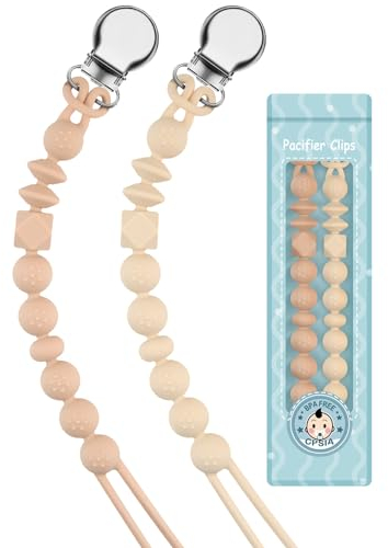 Kowlone Attache Sucette Silicone Soothie Tétine Clips Porte Accroche Chaîne pour Garçons et Filles Douche de Bébé 2pcs(Beige,Avoine)