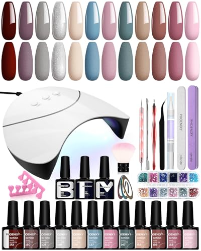 Phoenixy Gel Nagellack Set, 12 Stk. U V Nagellack Set mit U V/LED Nagellampe Gelnägel Starterset Gel Nail Polish Kit Geschenk für Frauen