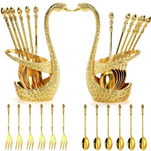 Pumtus 14 Pack Swan Base Holder with Coffee Spoon Forks, Gold Creative Dessert Flatware Set, Decorative Party Golden Serving Teaspoons for Stirring, Mixing, Sugar, Ice Cream, Fruit, 6 Spoons, 6 Forks