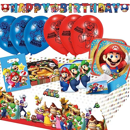 Lage Set Compleanno Super Mario per Bambini, Addobbi e Stoviglie per Decorazione della Tavola – Piatti, Bicchieri, Tovaglioli, Tovaglia, Palloncini, Festone, Sacchetti, Biglietti per Festa 8 Persone