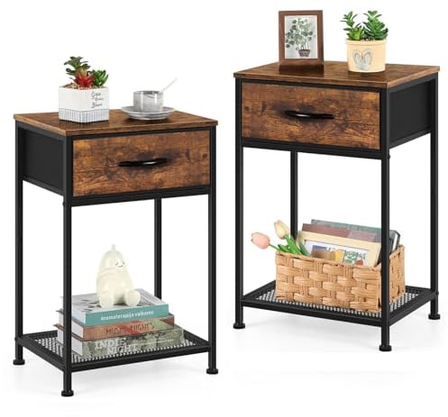 UOMIO Bedside Cabinets Set of 2 Bed Side Table for Bedroom Wooden Bedside Tables with Drawers Small and Rustic Wood Side Tables for Bedroom Living Room, 40 × 30 × 60.5CM