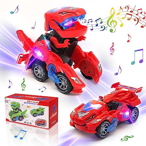 KJIXYUNG Voiture télécommandée électrique de Dinosaure transformée - Voiture télécommandée sans Fil avec Musique - Rouge