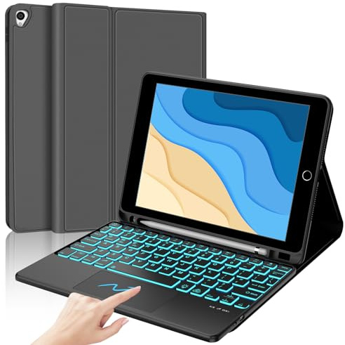 Étui portefeuille fin avec clavier 10,2, clavier sans fil amovible avec pavé tactile intelligent, rétroéclairage 7 couleurs, étui folio fin avec porte-crayon pour iPad 8e/7e génération/iPad Air 3e