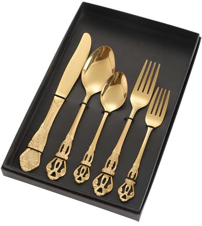 JYJLLM 5-Piece Gold Stainless Steel Cutlery Set - Mirror Polished Flatware Set with Knife, Fork & Spoon, Dishwasher Safe Silverware for Kitchen, Home Dining (Gold)