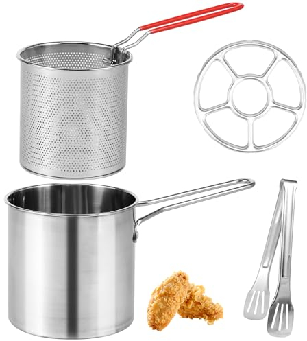 Generic Deep Fryer Pot 304 Stainless Steel Deep Fryer with Basket and Riveted Handle Mini Deep Oil Fryer Multifunctional Outdoor Cooking Fryer for French Fries Fish Chicken Wings