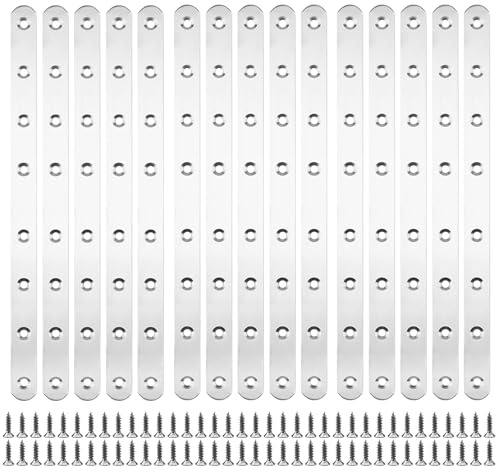 NAMYEUT 15 Unidades de Pletinas Metálicas Planas, 293 x 19 x 3 mm, Conectores Planos de Acero Inoxidable, 8 Agujeros, Placa Perforada de Conexión de Metal para Conexión de Muebles de Madera
