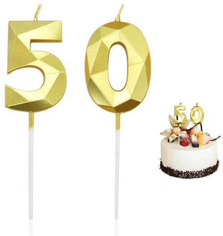 2-teilige Zahlenkerzen, Dekorationen zum 50. Geburtstag, Kerzen zum 50. Geburtstag, Baseball-Dekorationen, DIY-Kerzen, Geburtstagszubehör, Unisex (Gold)