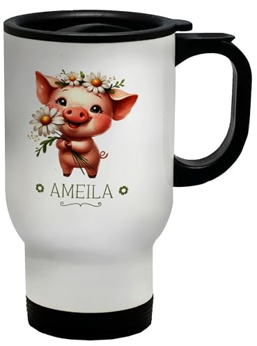 Shopagift Personalised Pig Daisy Flower Travel Mug Forest Animal Floral Stainless Steel 14oz Cup